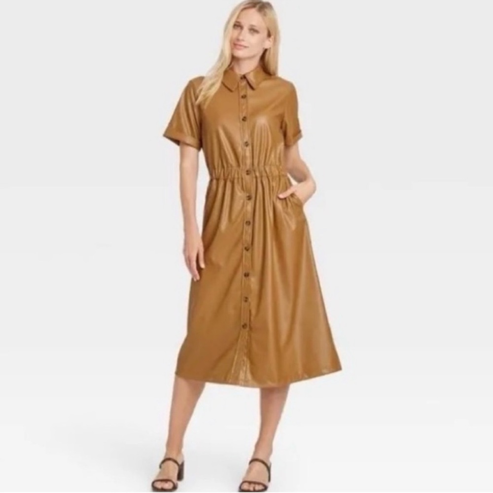 New Caramel faux leather Dress Who What Wear Anthropologie xs s